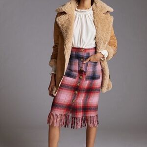 Maeve x Anthropologie | NWOT pink plaid fringed midi skirt